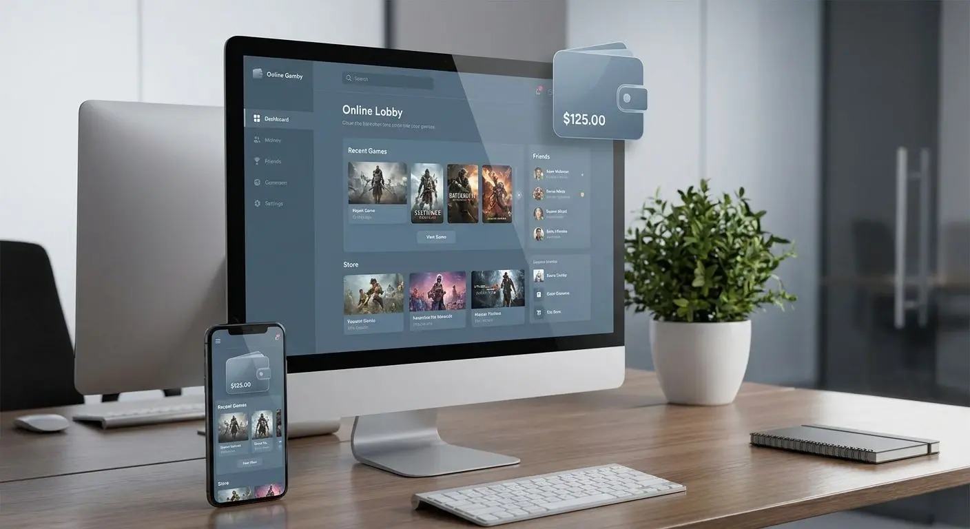 Desktop und Smartphone mit Lobby-Ansicht und Wallet-Symbol