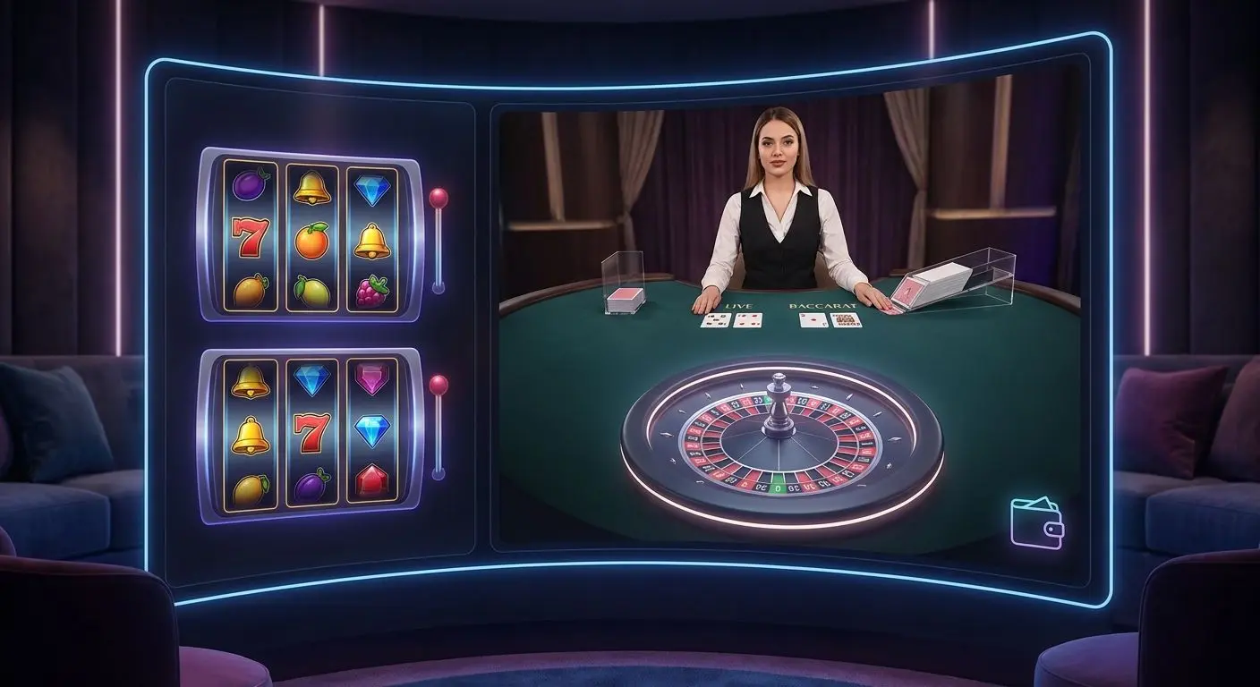 Digitale Spielauswahl mit Slots und Live-Tisch plus Wallet-Symbol