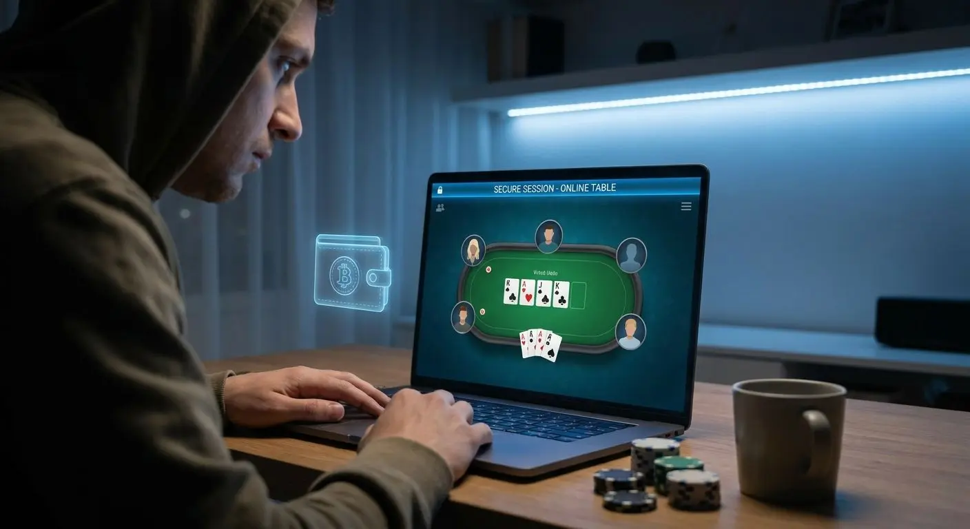 Spieler am Laptop mit digitaler Wallet beim Online-Blackjack