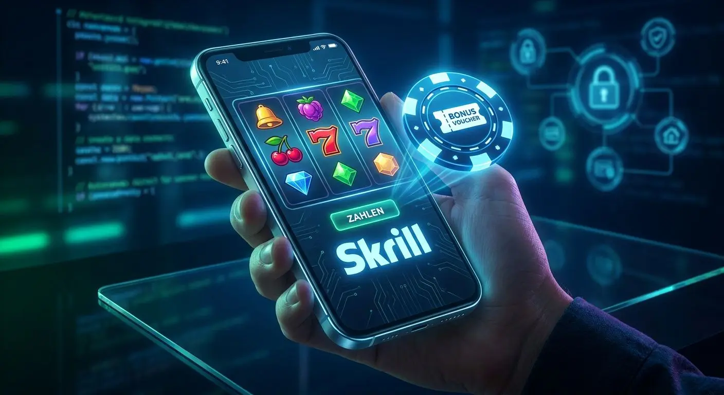 Mobiles Spielinterface mit Skrill-Logo und Bonus-Chip für deutsche Spieler