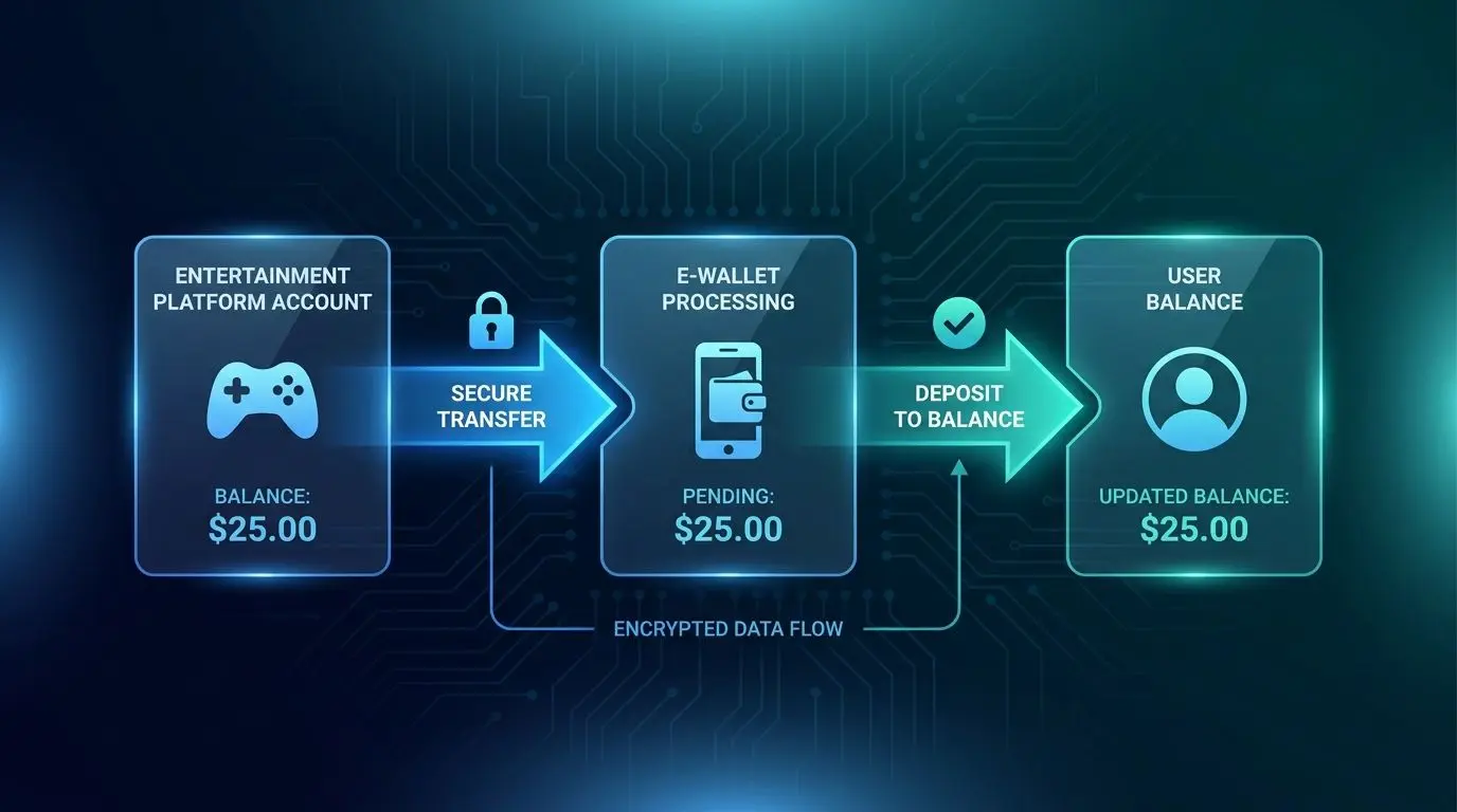 Illustration eines Einzahlungsflows mit E-Wallet und Spielerkonto