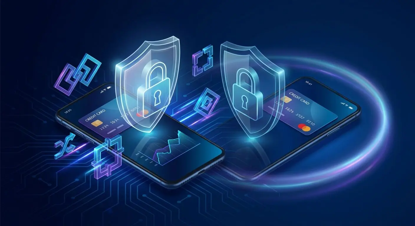 Sicherheitsmotiv mit Smartphone, Wallet und Schutzsymbolen