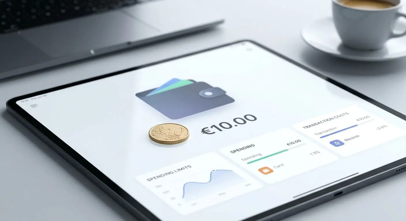 Digitale Wallet-Ansicht mit 10 Euro Symbol für Limits und Gebühren