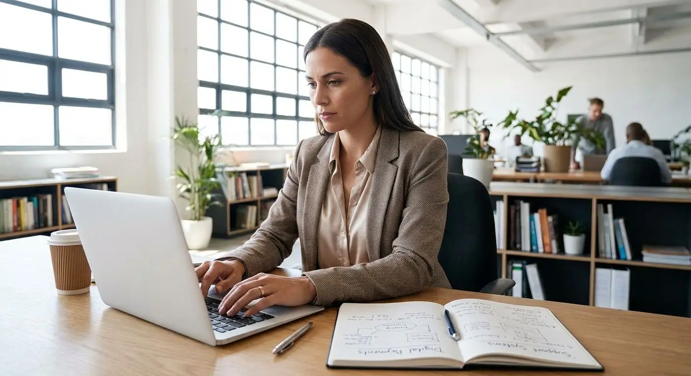 Professionelle Autorin im Fintech-Umfeld am Arbeitsplatz