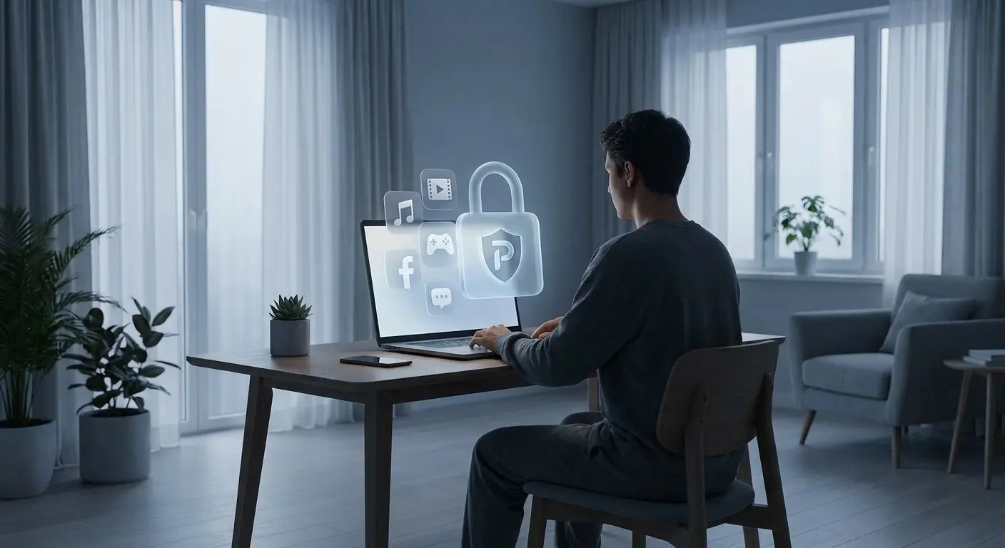 Nutzer am Laptop mit Datenschutz-Schloss und digitalen Symbolen