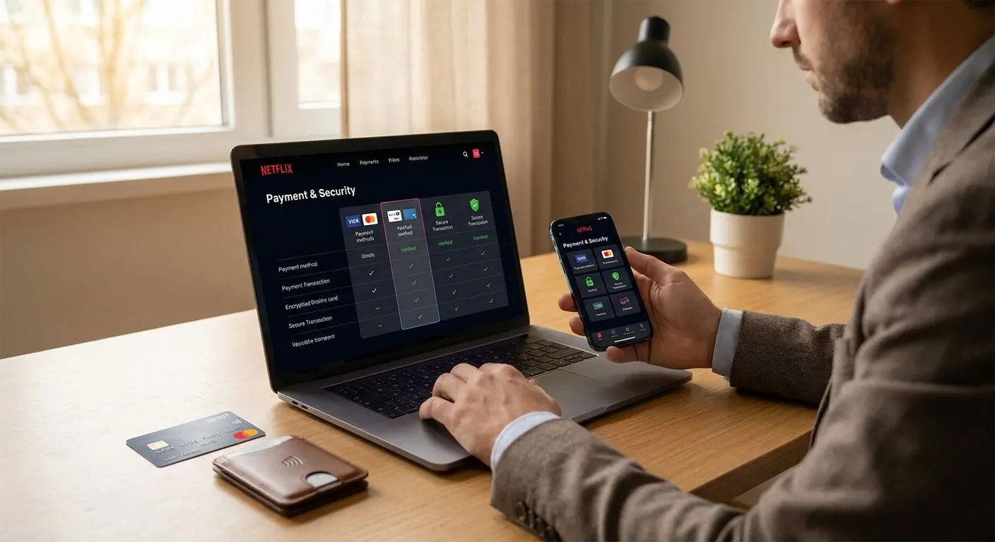Spieler prüft Kriterien für Wallet- und Kartenzahlungen am Laptop