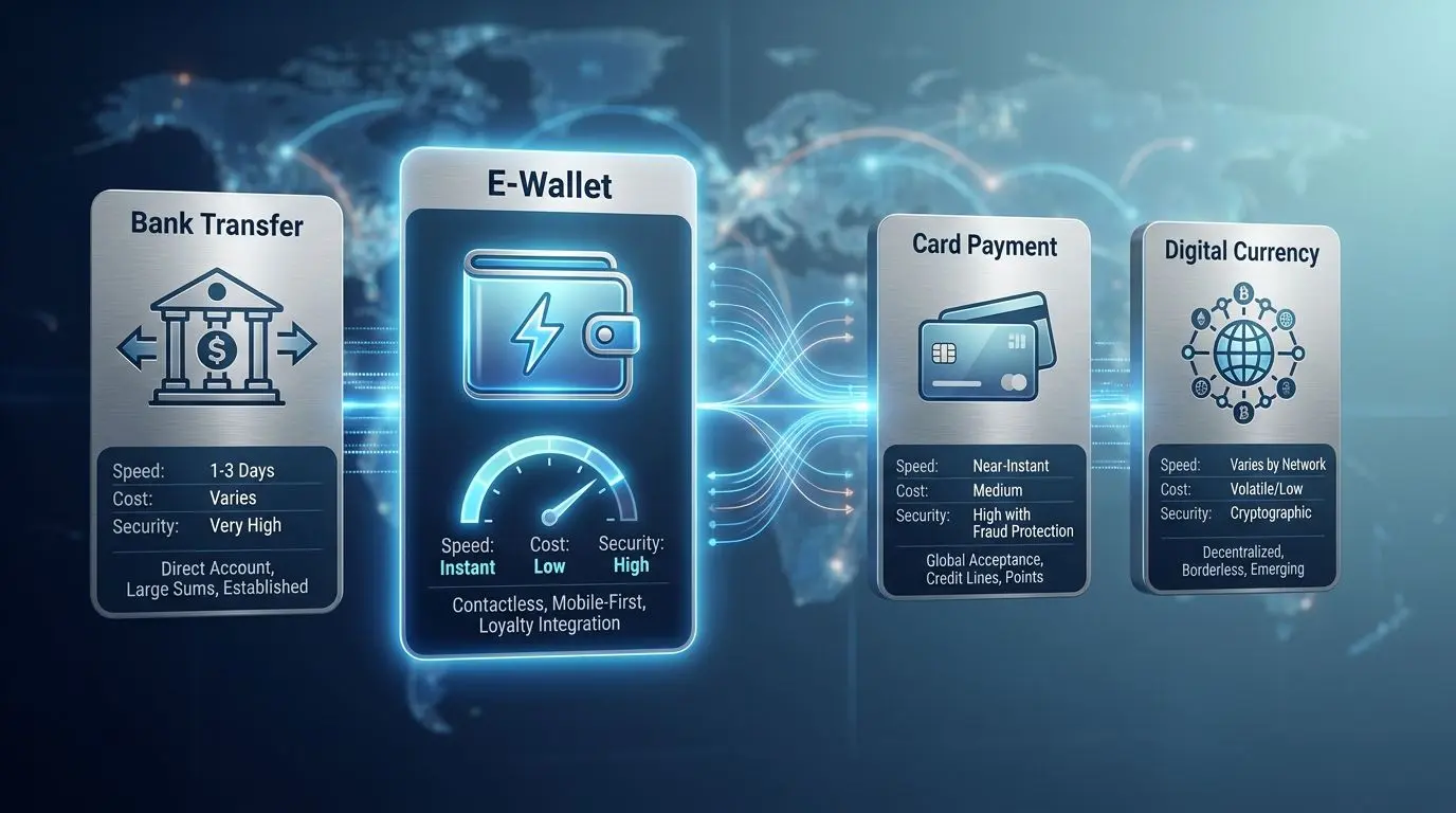 Vergleich von e-Wallet, Banküberweisung, Karte und digitalen Zahlungsmethoden
