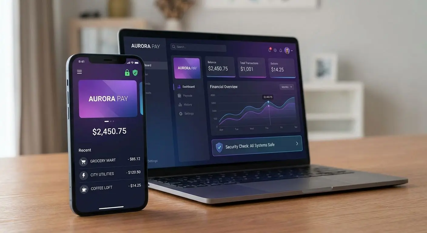 Digitale Wallet-Ansicht mit übersichtlichen Transaktionen und Sicherheitssymbolen