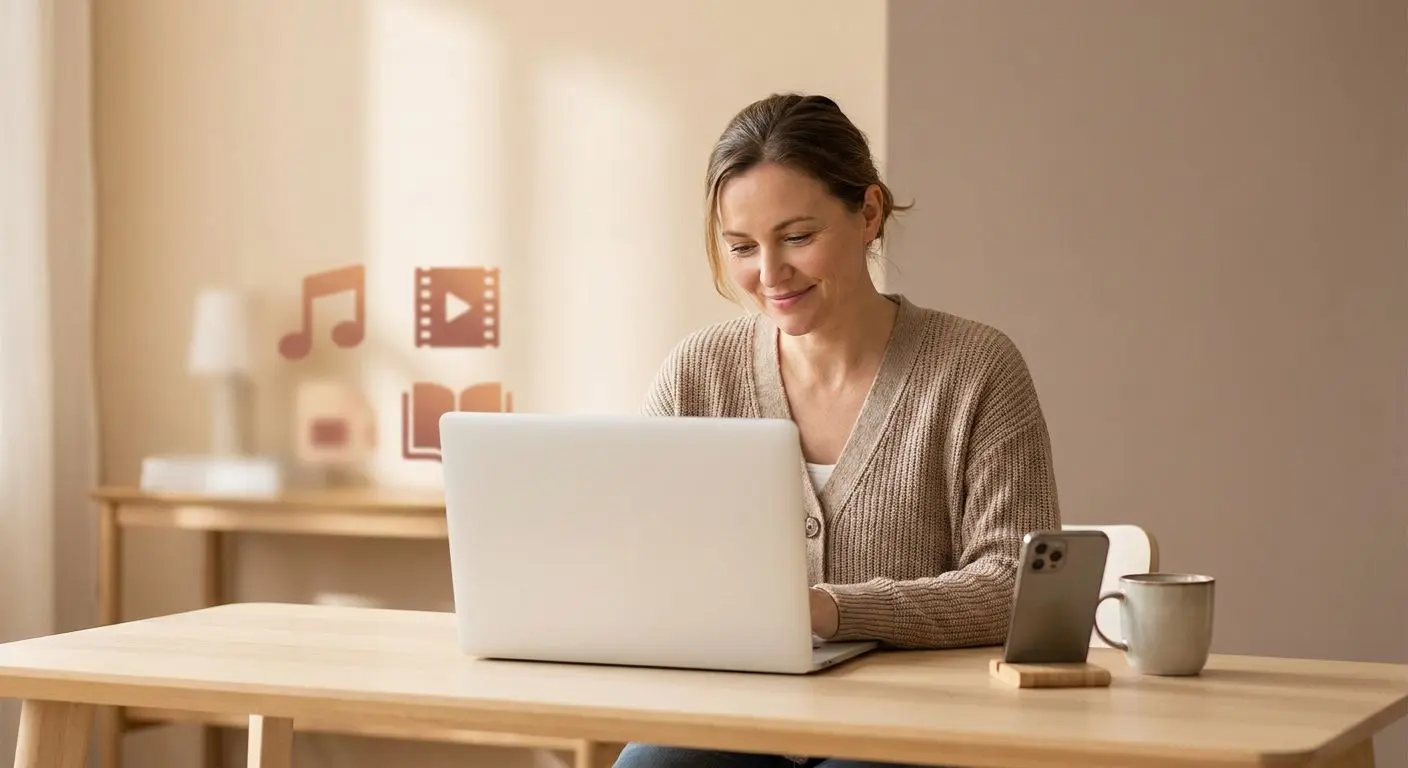 Entspannte Person beim Online-Spielen am Laptop in ruhiger Atmosphäre