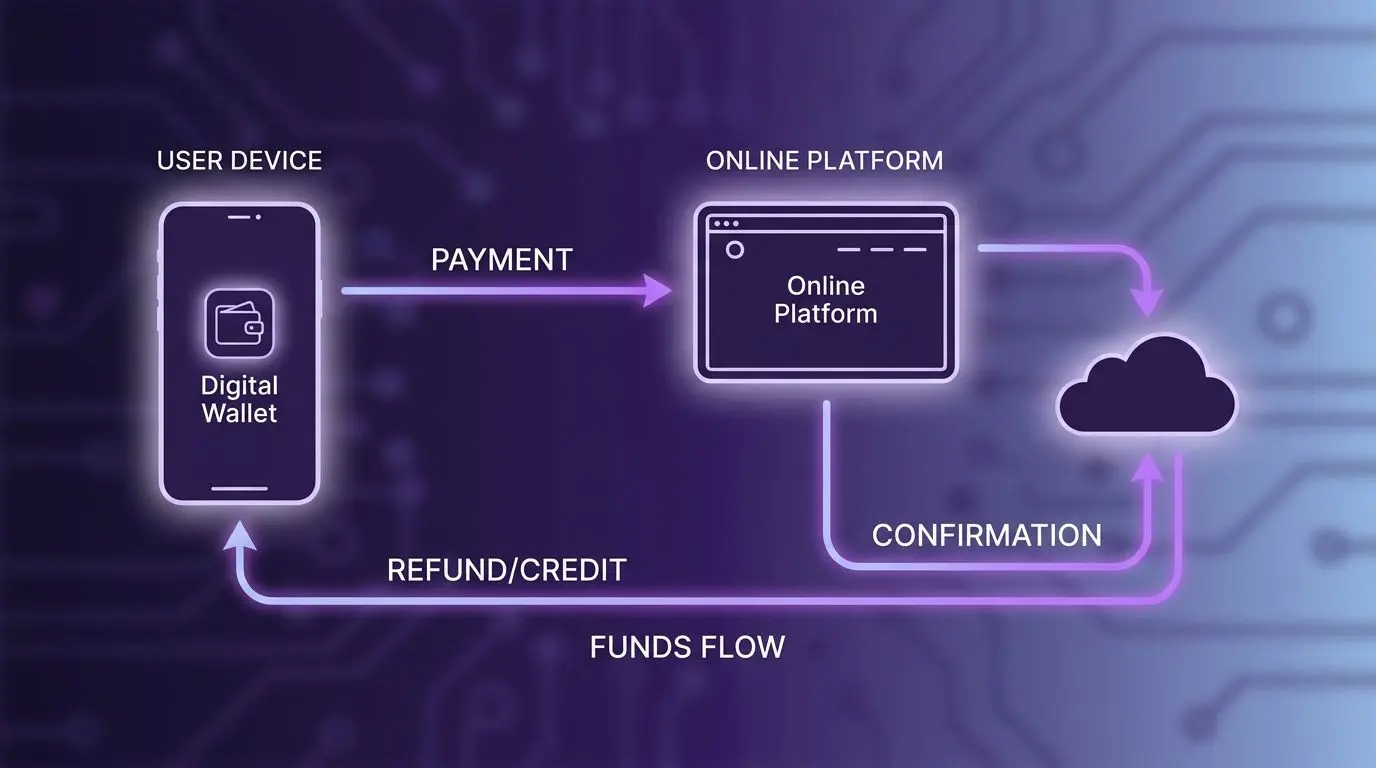 Schematischer Zahlungsfluss zwischen Spieler, Wallet und Plattform