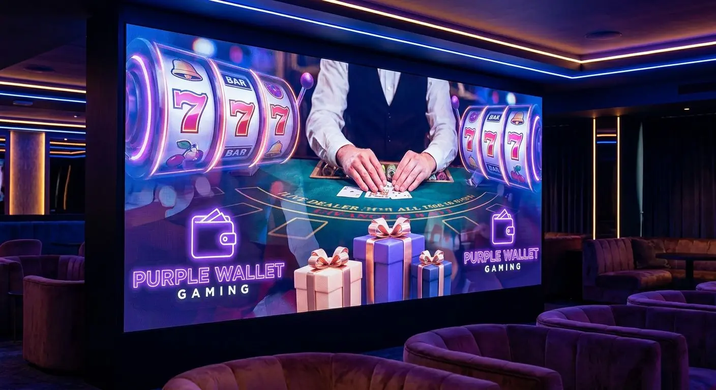 Collage aus Spielauswahl, Live-Tisch und Bonussymbolen mit Wallet-Akzenten