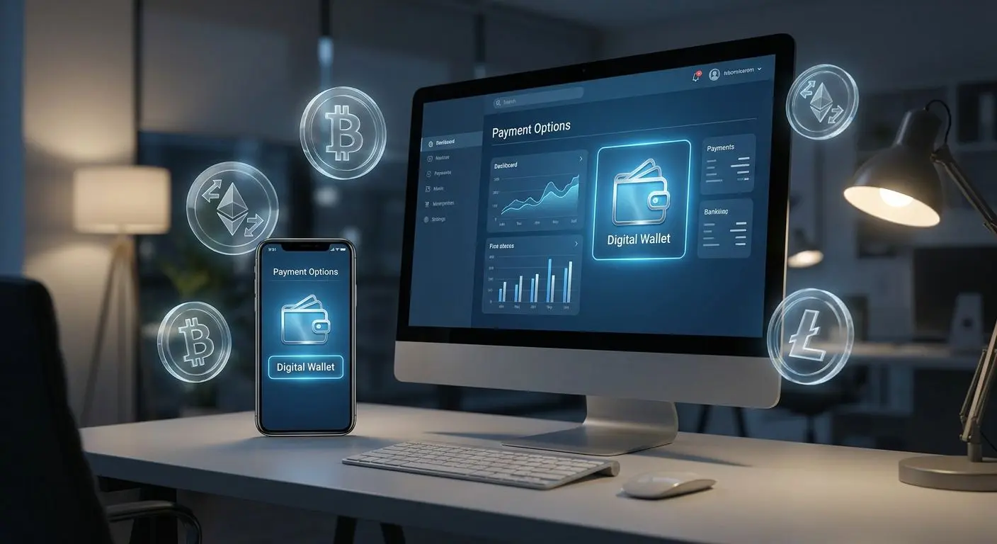 Digitale Kasse auf Desktop und Smartphone mit Wallet-Zahlung und Krypto-Symbolen