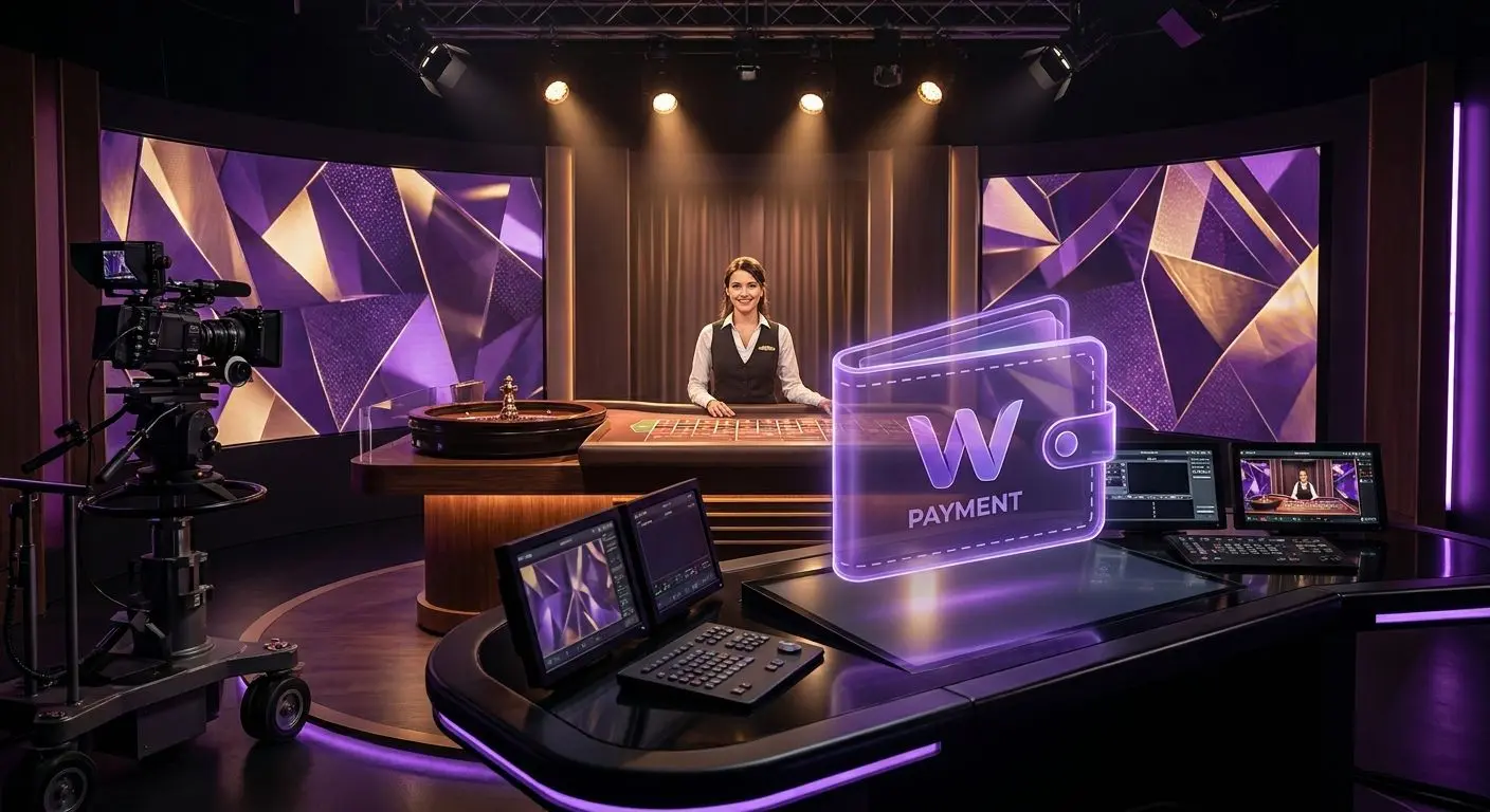 Live-Studio mit Roulette-Tisch und Wallet-Zahlungssymbol