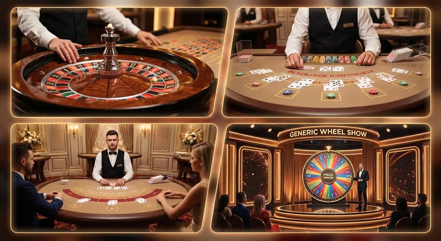 Collage beliebter Live-Spiele mit Roulette, Blackjack und Baccarat