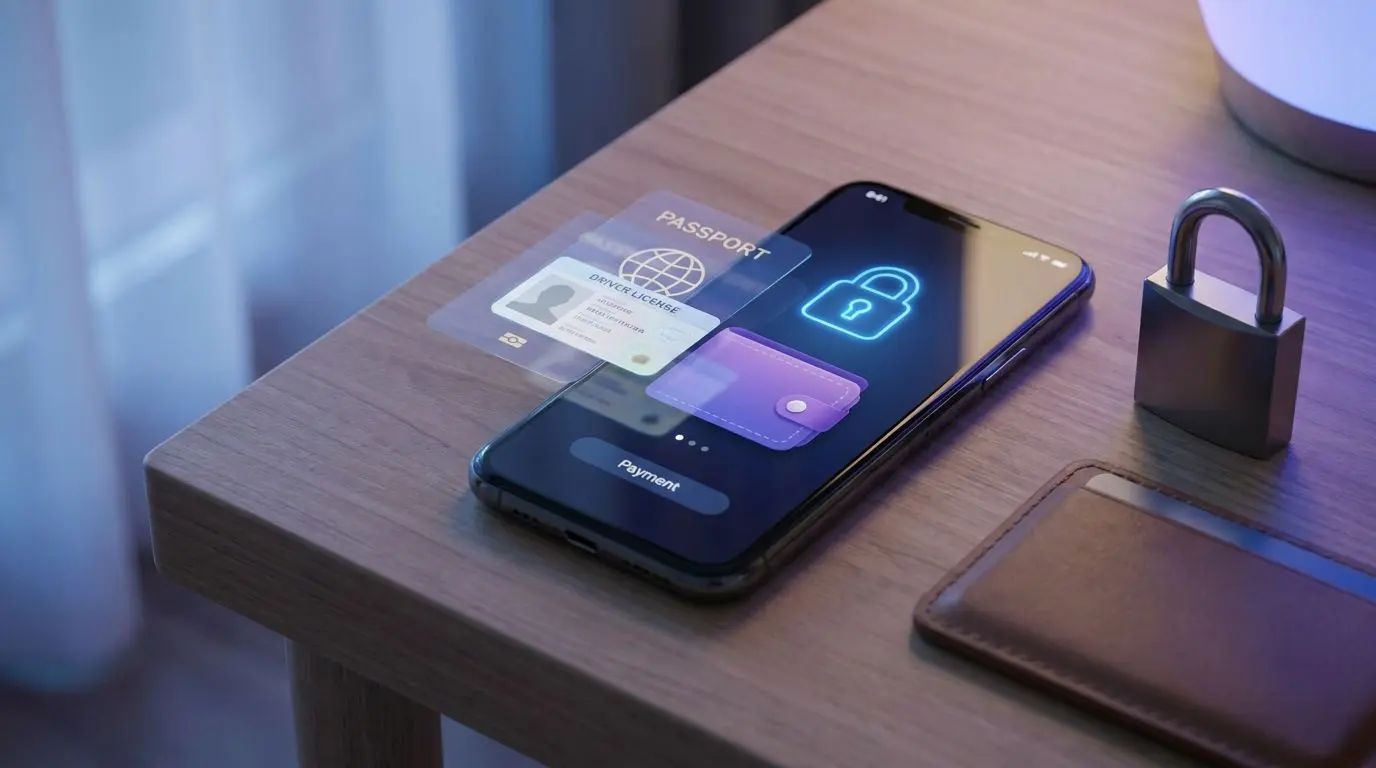 Smartphone mit Schloss-Symbol, Wallet-Logo und Verifizierungshinweisen