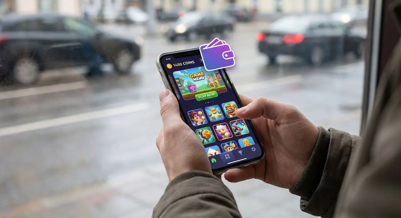 Smartphone mit mobiler Spielplattform und Wallet-Symbol in der Hand