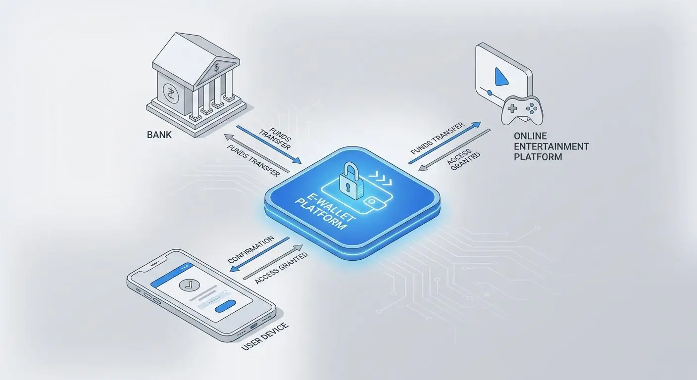 Schematische Darstellung von Nutzer, Skrill, Bank und Online-Plattform