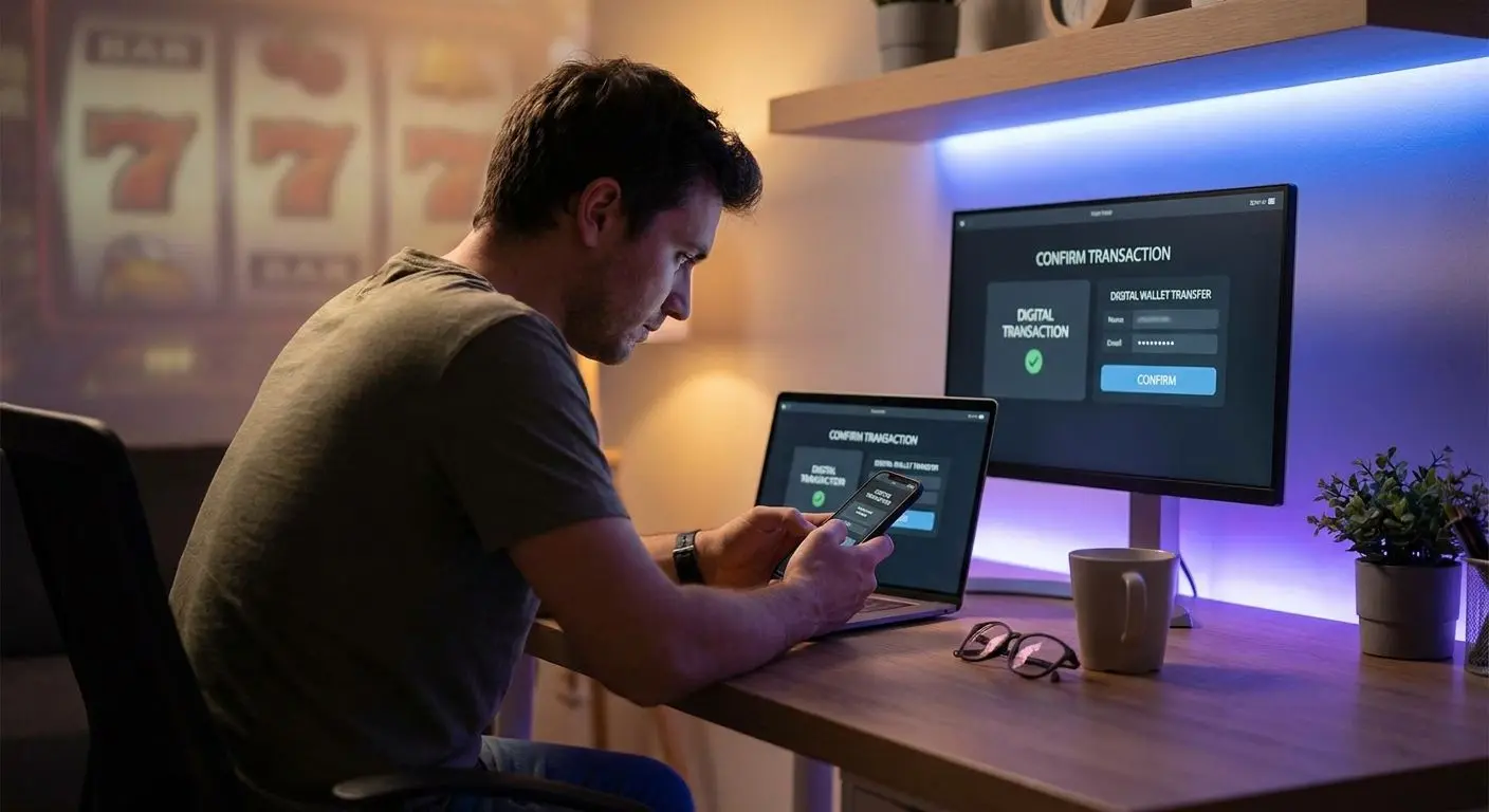 Spieler tätigt digitale Einzahlung am Laptop und Smartphone