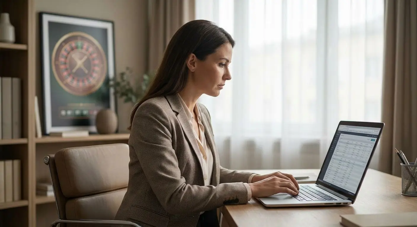 Expertin arbeitet am Laptop mit thematischem Hintergrund
