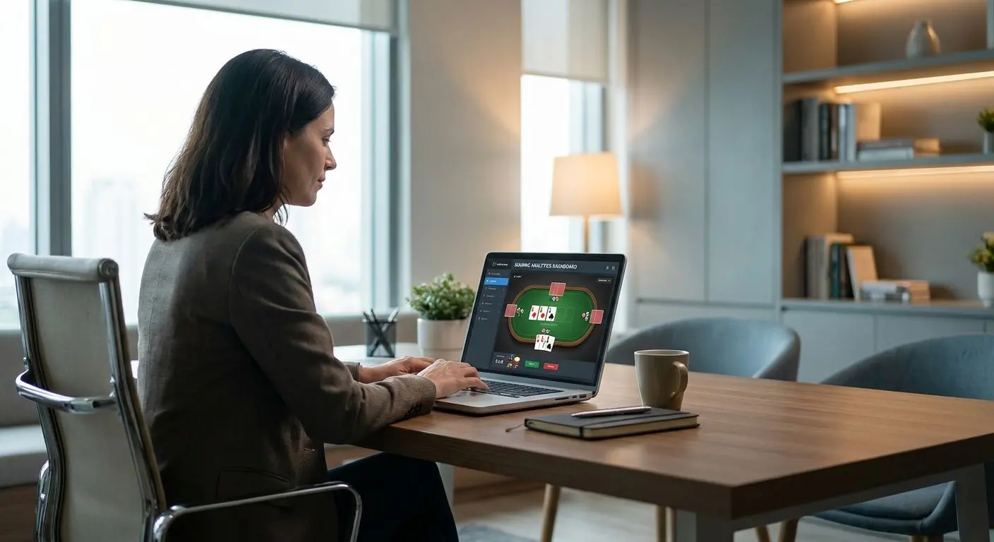 Expertin an einem Laptop mit Pokeroberfläche im Arbeitsumfeld