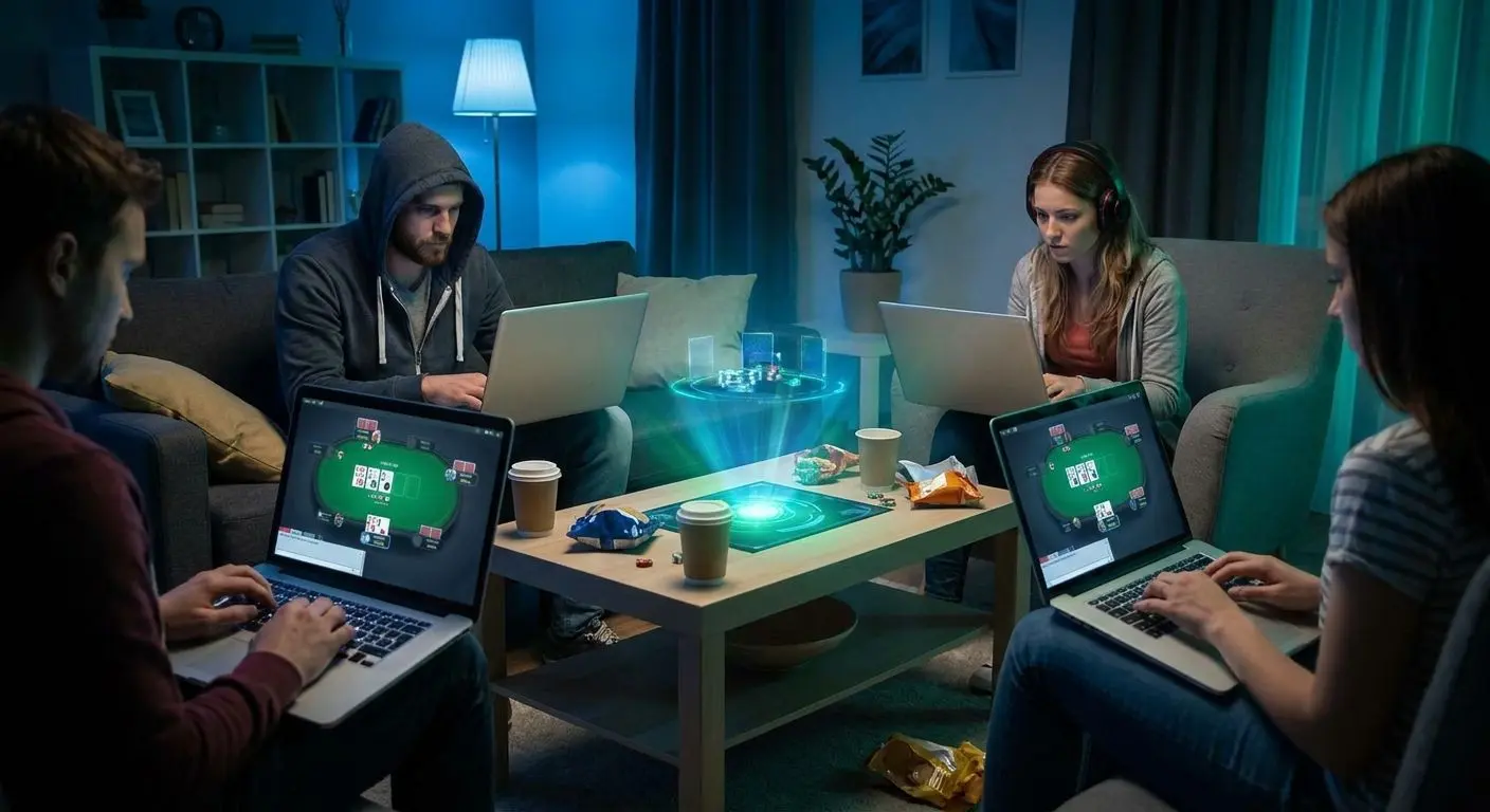 Online-Pokertisch mit Spielern an Laptops in digitaler Atmosphäre