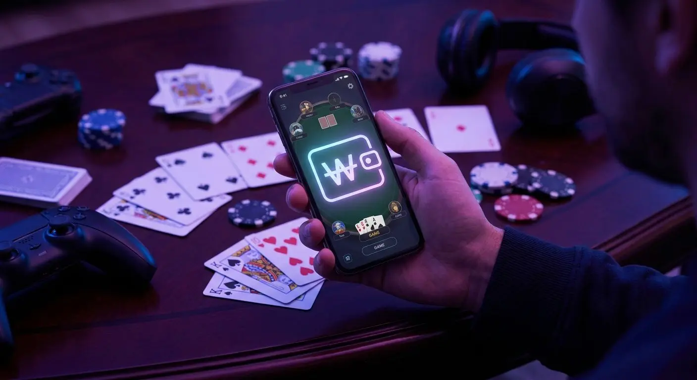 Smartphone mit E-Wallet-Darstellung neben Karten und Chips