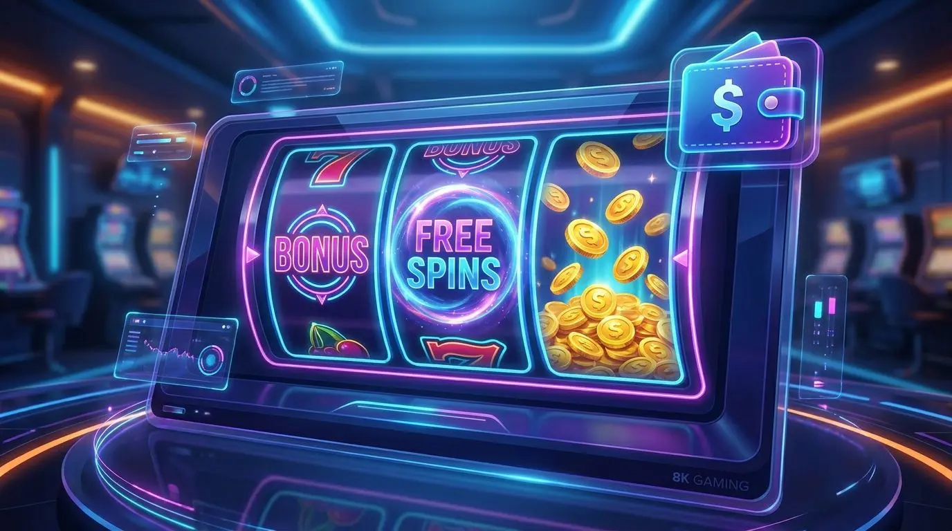 Bonus-Symbole und Freispiele neben Wallet-Icon und Slot-Walzen