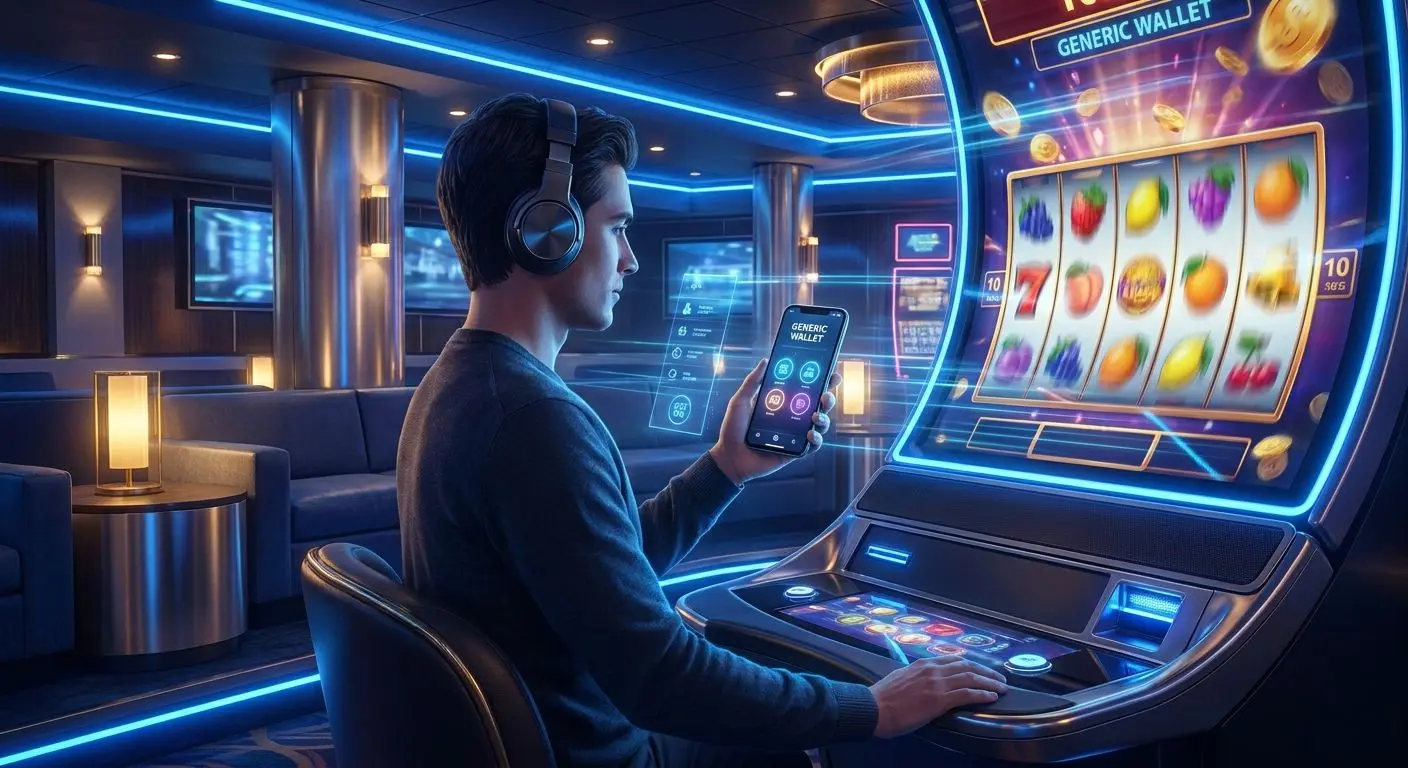 Spieler nutzt Smartphone-Wallet während er an einem Slot spielt