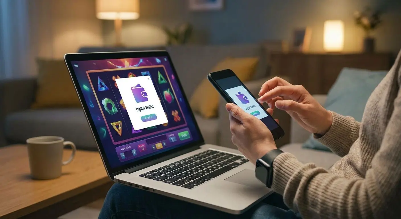 Video-Slot mit Wallet-Zahlung auf Laptop und Smartphone Spieler startet Video-Slot am Laptop mit digitaler Wallet als Zahlungsoption