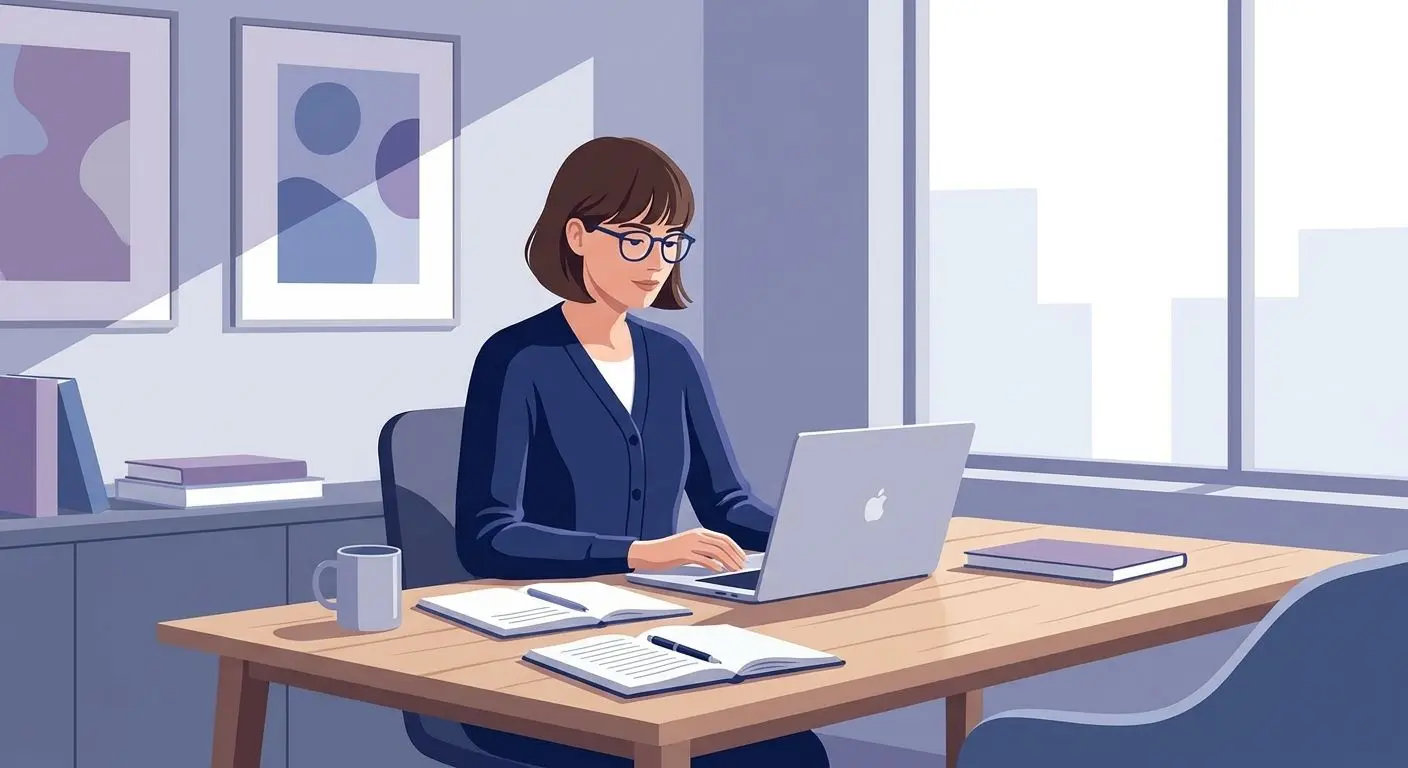 Neutrale Illustration einer Autorin in einem modernen Arbeitsumfeld